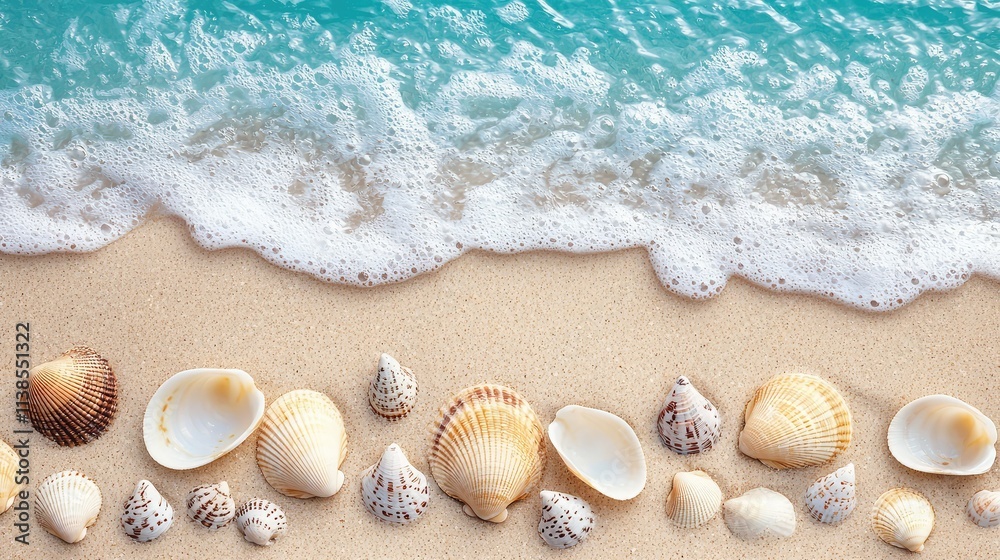 Beautiful Coastal Scene with Assorted Seashells on Sandy Beach Shoreline with Gentle Waves Lapping at the Edge of the Water on a Sunny Day Beautiful Coastal Scene with Assorted Seashells on Sandy Beach Shoreline with Gentle Waves Lapping at the Edge of the Water on a Sunny Day