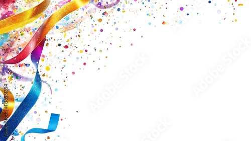 Vibrant corner border with glitter, streamers, and party decor celebrating the New Year on white