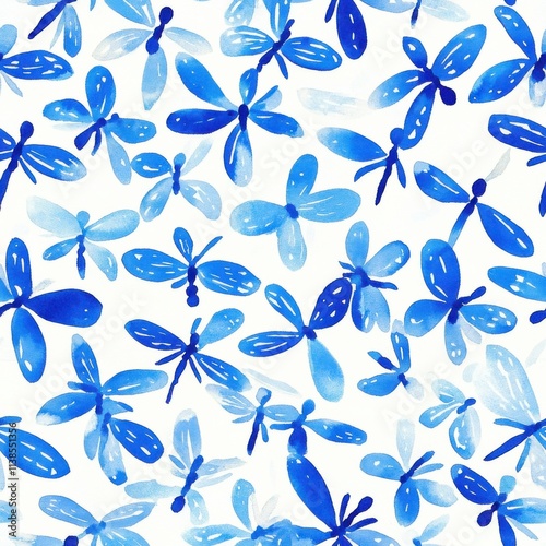 Blue watercolor dragonfly pattern on white background creates a serene and artistic design for textiles and decorations photo