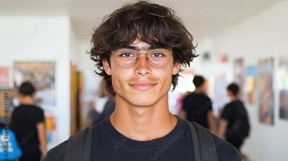 A teenage boy with curly hair and glasses stands in a school hallway. He wears a black shirt and has a backpack on. Other students are seen walking in the background A teenage boy with curly hair and glasses stands in a school hallway. He wears a black shirt and has a backpack on. Other students are seen walking in the background