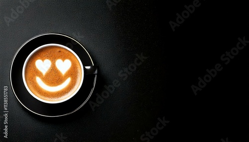 Coffee invitation happy smiley face with heart eyes heart-eyed emoji latte art coffee invite smile smiling emoticon positive mood flat lay off-center left aligned copy space for text black background photo