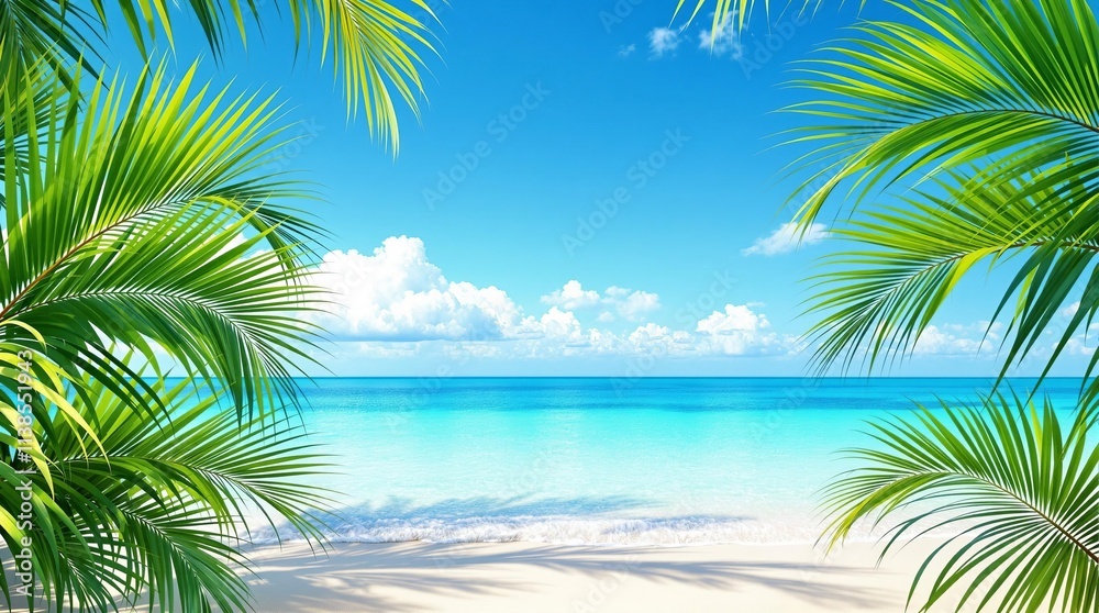 Tropical Beach Paradise Framed by Green Leaves, Summer Escape