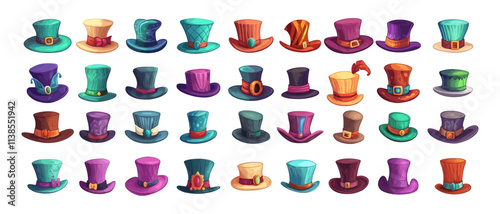 Cylinders hat cartoon vector set. Man headwear caps gentleman classic retro accessories, vintage wearable textile fashion headgears isolated on white background