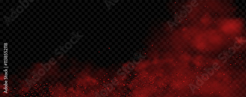 Spicy burst powder. Splashes of red pepper explosion. Overlay effect of chili or paprika spice splatters. Vector realistic illustration of hot, dried spices