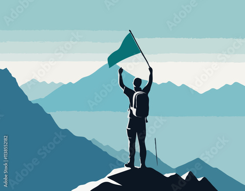 A traveler man on top of a mountain with a backpack and a flag triumphantly raised his hand and looking on valley. The concept of travel, hikes, discoveries, exploration, adventure tourism and travel