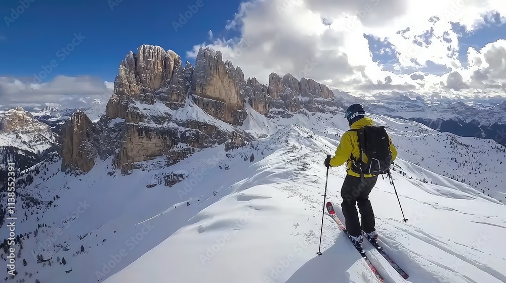 Adventurous Skier on Snow-Covered Mountain Peak Surrounded by Dramatic Dolomites Landscape with Bright Blue Sky and Fluffy Clouds Adventurous Skier on Snow-Covered Mountain Peak Surrounded by Dramatic Dolomites Landscape with Bright Blue Sky and Fluffy Clouds