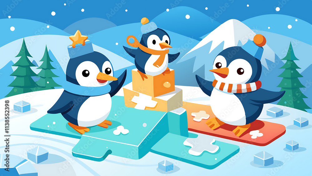 Obraz premium adorable penguins winter wonderland puzzle snow fun festive playful.