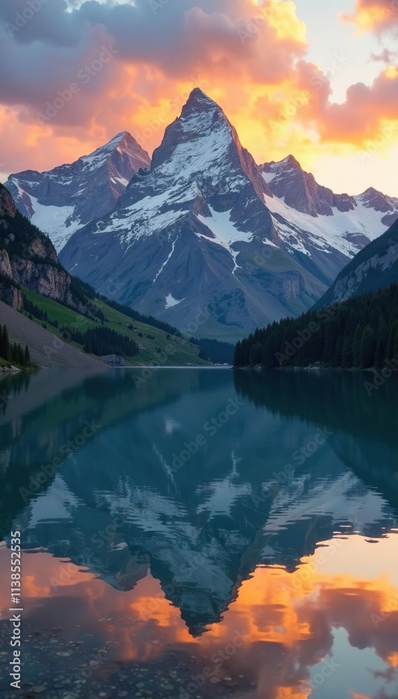Fototapeta premium A peaceful mountain lake with snow-capped peaks reflected in the golden light of sunset, sunrise, mountain lakes