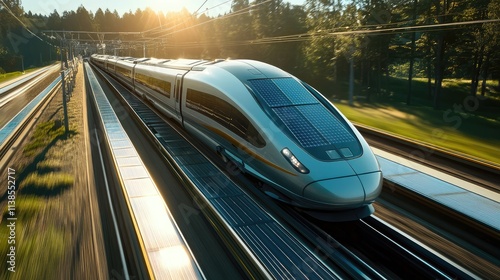 A high-speed train moving quickly on solar-powered tracks, with the sun shining brightly and solar panels on the train roof providing renewable energy