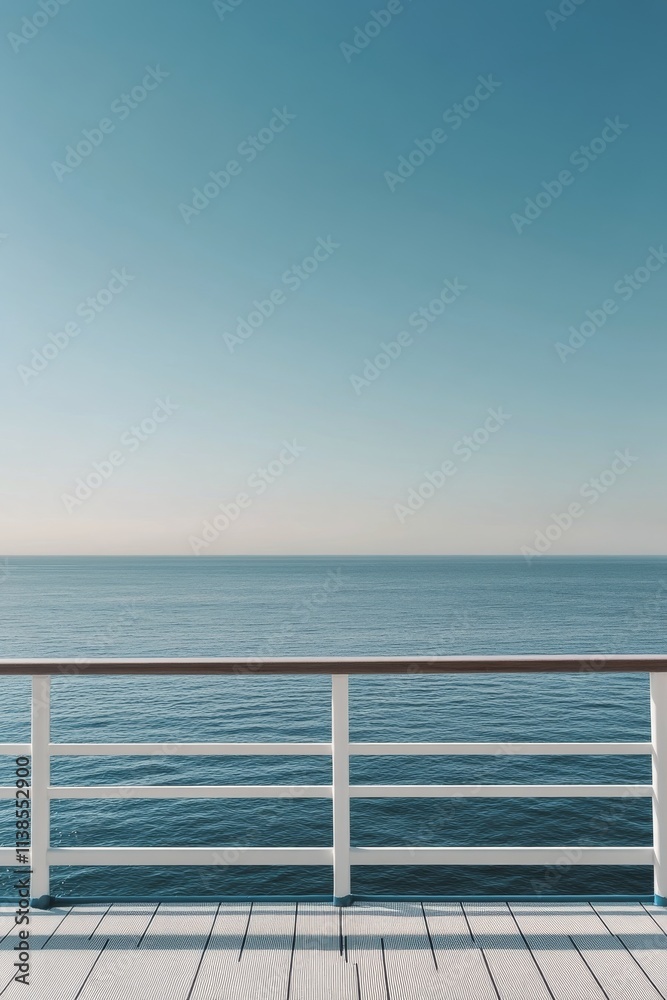 Calm ocean view from a white railing during a clear sunny day with no clouds
