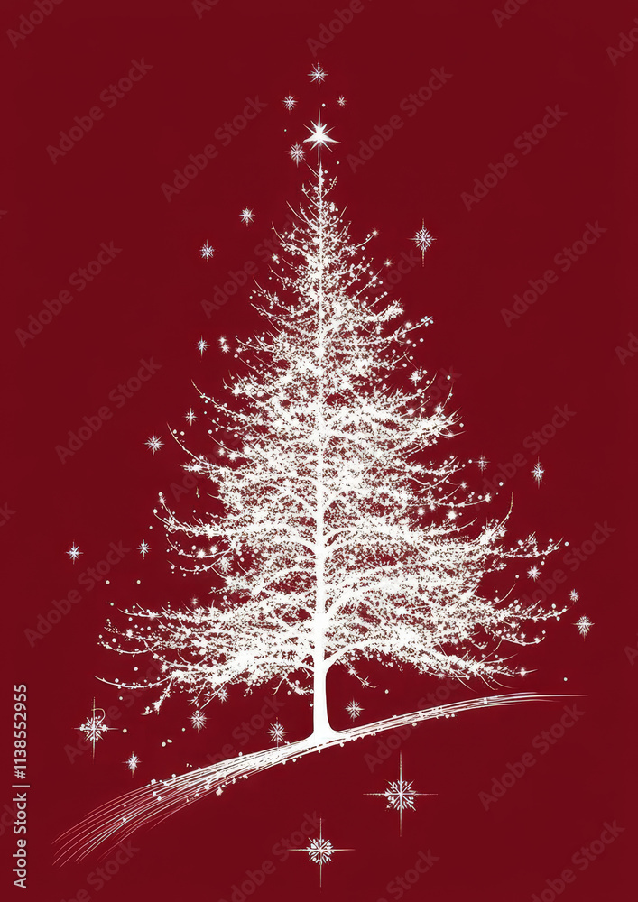 Glowing White Christmas Tree with Starbursts and Snowflakes on Red Background Glowing White Christmas Tree with Starbursts and Snowflakes on Red Background