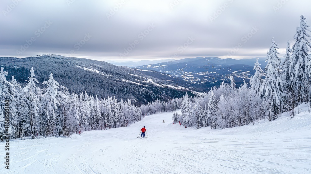 Serene Winter Landscape with Skier Descending a Snow-Covered Slope Amidst Tall Trees and Majestic Mountains Under a Cloudy Sky Serene Winter Landscape with Skier Descending a Snow-Covered Slope Amidst Tall Trees and Majestic Mountains Under a Cloudy Sky