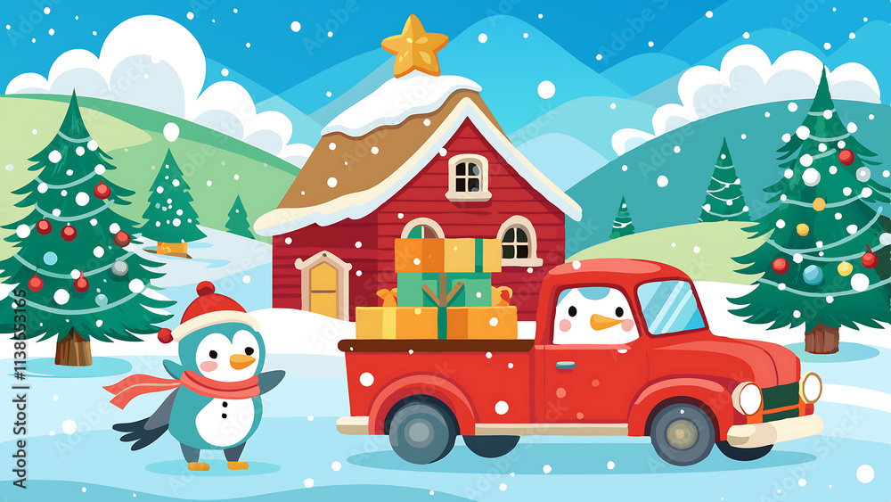 Fototapeta premium A charming penguin in a red hat and scarf stands near a red truck filled with presents.