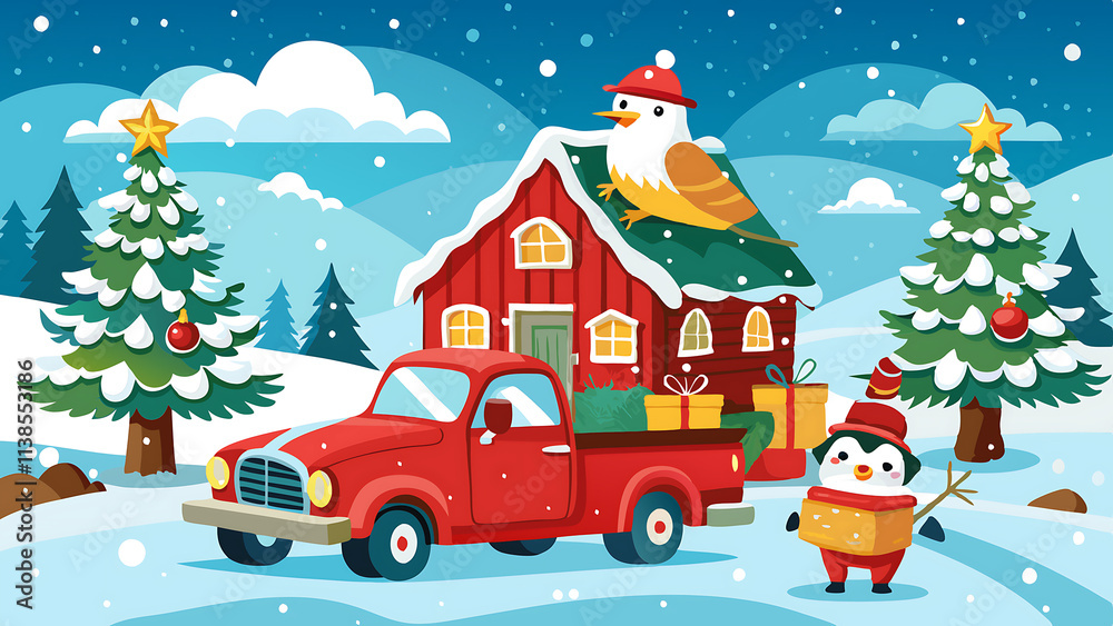 Naklejka premium A cute penguin carries a gift near a red truck loaded with Christmas trees and presents, headed towards a snowy house with a bird on the roof. Festive winter scene.