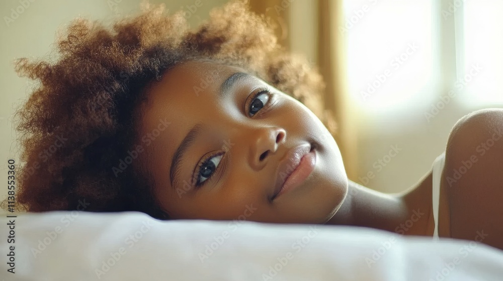 A young girl with beautiful curly hair lies comfortably on a soft surface, gazing into the distance with a serene expression, enjoying a tranquil afternoon indoors A young girl with beautiful curly hair lies comfortably on a soft surface, gazing into the distance with a serene expression, enjoying a tranquil afternoon indoors