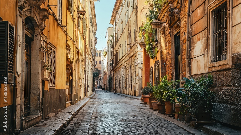 Fototapeta premium Charming Historic Alleyway in a Serene Italian Neighborhood with Cobblestone Streets and Vibrant Plants in Pots Surrounded by Elegant Architecture