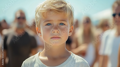 A child with blonde hair and blue eyes gazes thoughtfully at the camera while surrounded by blurred figures in a bright outdoor setting during summer