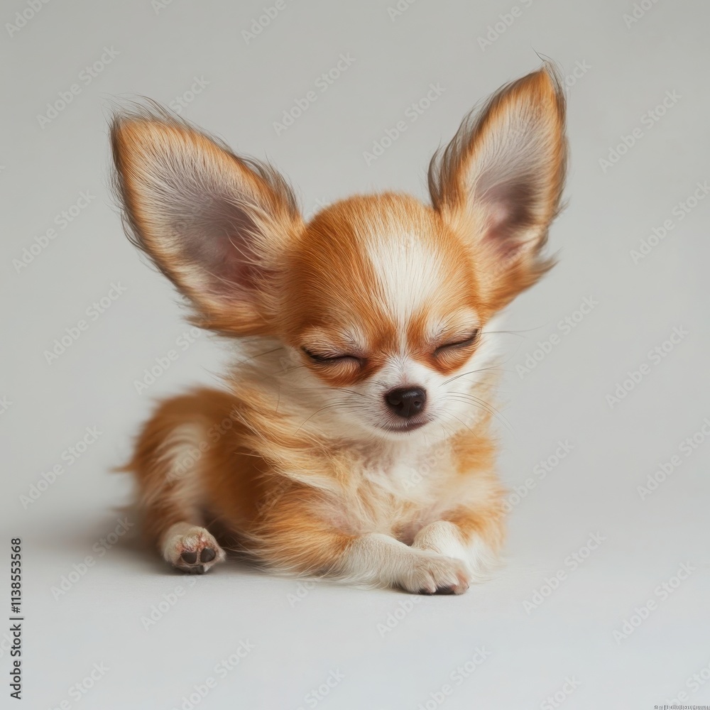 A small chihuahua with oversized ears and a relaxed pose on a white background A small chihuahua with oversized ears and a relaxed pose on a white background