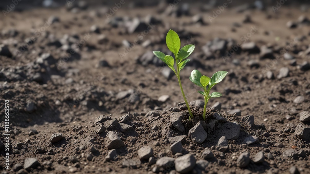 A small green sprout rises above the ground on a rough and uneven gray soil , landscape, plant life
