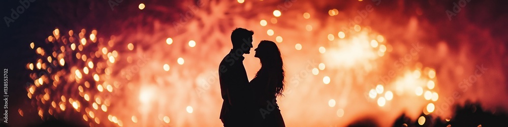 A couple is silhouetted against a backdrop of fireworks A couple is silhouetted against a backdrop of fireworks