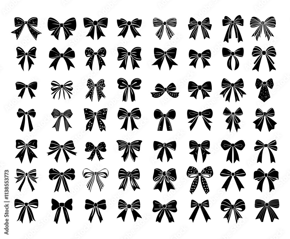 Naklejka premium Decorative bows black icons. Wrapping gift favor ribbon, xmas christmas decor tape anniversary day strip packaging band accessory lace, isolated vector on white backdrop