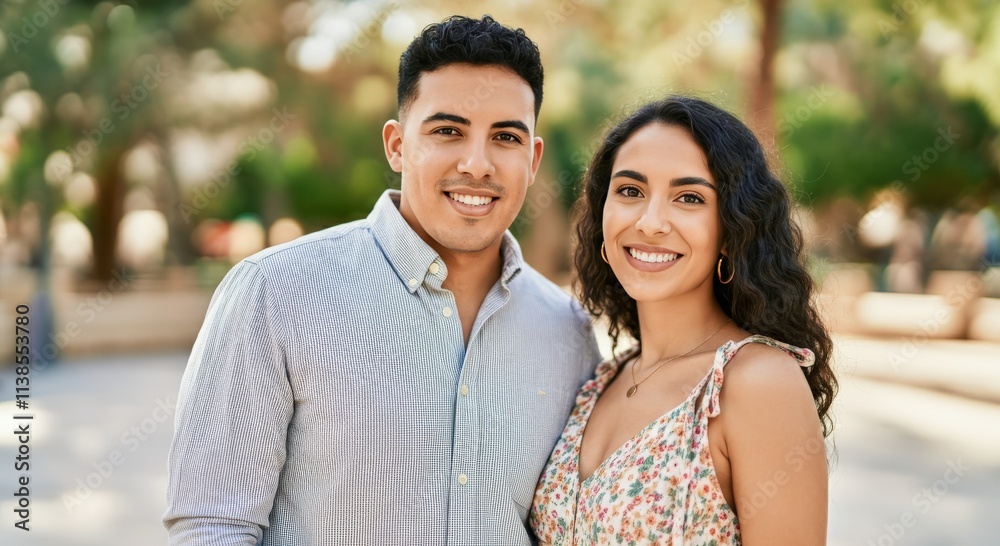Obraz premium Smiling young hispanic couple outdoors on a sunny day