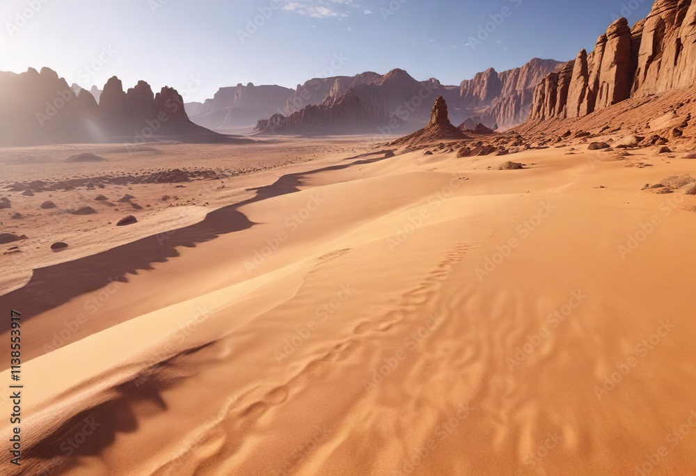 Naklejka premium A vast, empty desert with nothing but sand and rock formations as far as the eye can see , isolation, sandy dunes, endless expanse