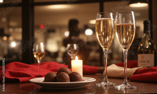 Wallpaper Mural A pair of champagne flutes filled with sparkling rose, accompanied by a plate of heart-shaped mocha mousse chocolates Torontodigital.ca