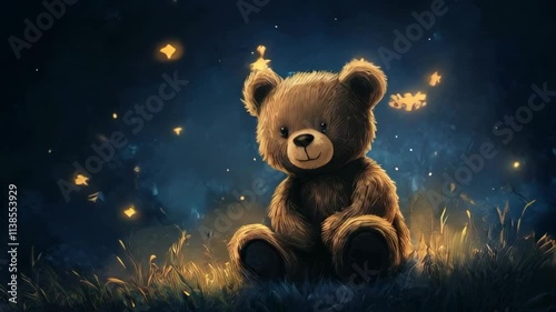 Teddy bear is sitting on the grass in the dark. The bear is smiling and has a star on its head