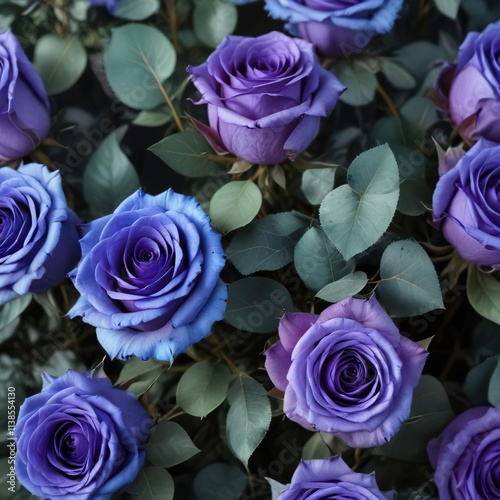 Beautiful bouquet of blue and purple roses with eucalyptus, elegant decor, fragrant freshness, beautiful flowers