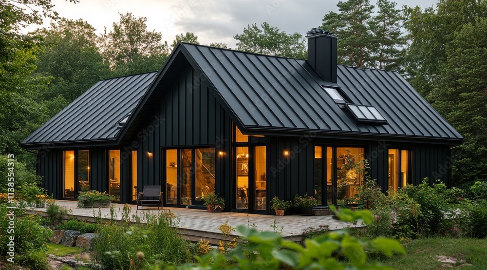 Modern black house by the water surrounded by greenery in serene coastal environment Modern black house by the water surrounded by greenery in serene coastal environment