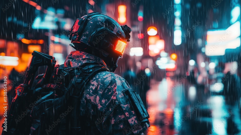 Cyberpunk Soldier in Rain-Soaked City at Night Futuristic Warrior in Neon Lit Streets Cyberpunk Soldier in Rain-Soaked City at Night Futuristic Warrior in Neon Lit Streets