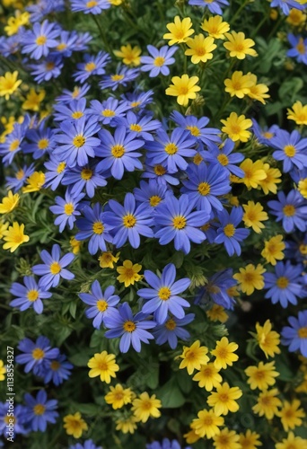 Blue fan flower Scaevola aemula blooming with yellow flowers , greenery, fan, flowers photo