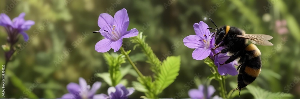 a solitary bumblebee feeds on a delicate violet flower with lush green surroundings, green foliage, pollen collection a solitary bumblebee feeds on a delicate violet flower with lush green surroundings, green foliage, pollen collection