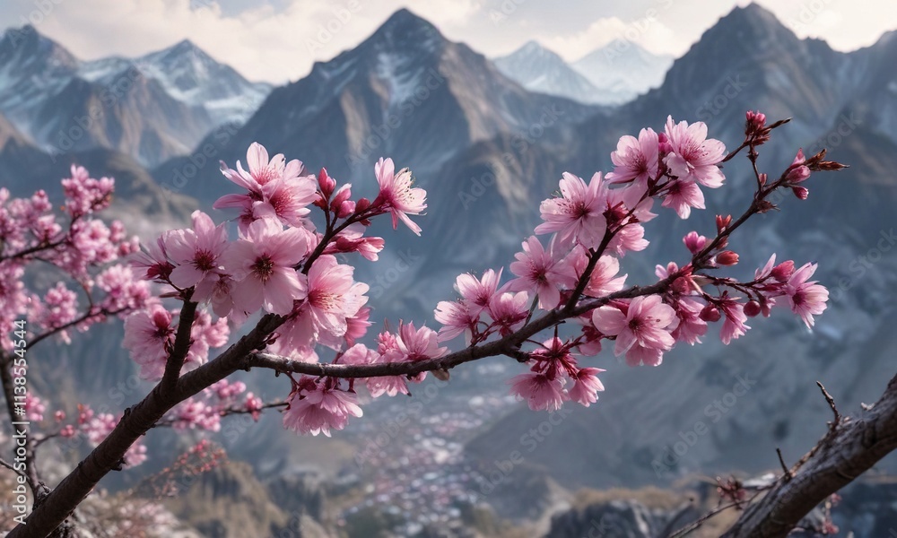 A solitary pink cherry blossom against a backdrop of rugged mountains, petals, mountain range, blossom A solitary pink cherry blossom against a backdrop of rugged mountains, petals, mountain range, blossom