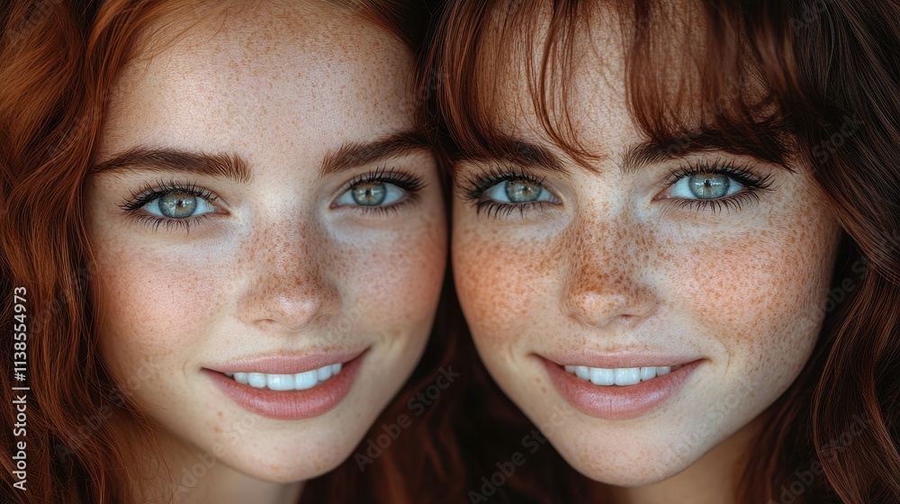 Two young women with striking red hair and captivating blue eyes share a warm smile, showcasing their freckles and enjoying a sunny day outside in a natural setting Two young women with striking red hair and captivating blue eyes share a warm smile, showcasing their freckles and enjoying a sunny day outside in a natural setting