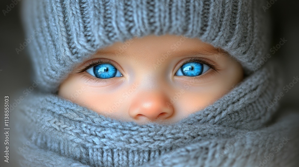 A young child with striking blue eyes gazes directly at the viewer, wrapped snugly in a soft gray scarf and hat, embodying the warmth and charm of winter A young child with striking blue eyes gazes directly at the viewer, wrapped snugly in a soft gray scarf and hat, embodying the warmth and charm of winter