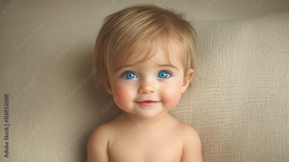 A joyful baby with soft blonde hair and sparkling blue eyes gazes warmly. The child sits comfortably against a light-colored textured surface, radiating innocence and happiness A joyful baby with soft blonde hair and sparkling blue eyes gazes warmly. The child sits comfortably against a light-colored textured surface, radiating innocence and happiness