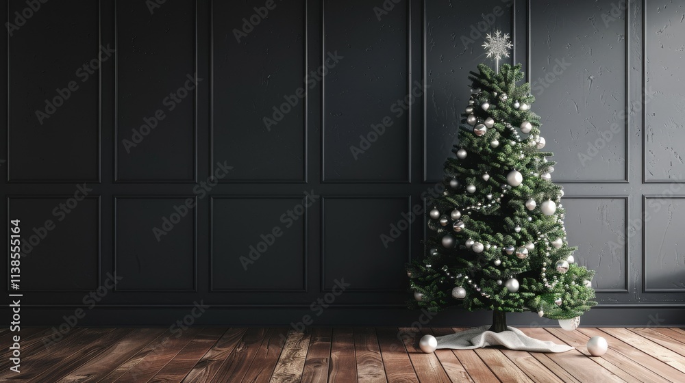 Fototapeta premium Christmas tree with silver decorations on a black wall 