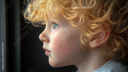 A young child with curly, golden hair and bright blue eyes looks out a window, expressing curiosity. Soft lighting enhances the warmth of this cozy indoor moment filled with wonder photo