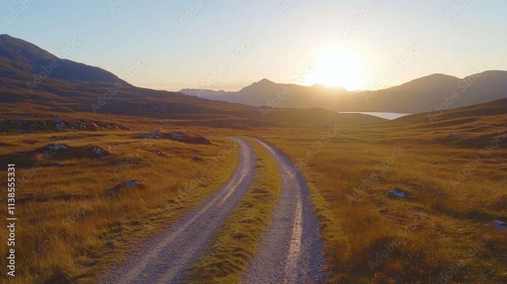 Serene Sunrise Over Rugged Landscape with Winding Country Road Serene Sunrise Over Rugged Landscape with Winding Country Road