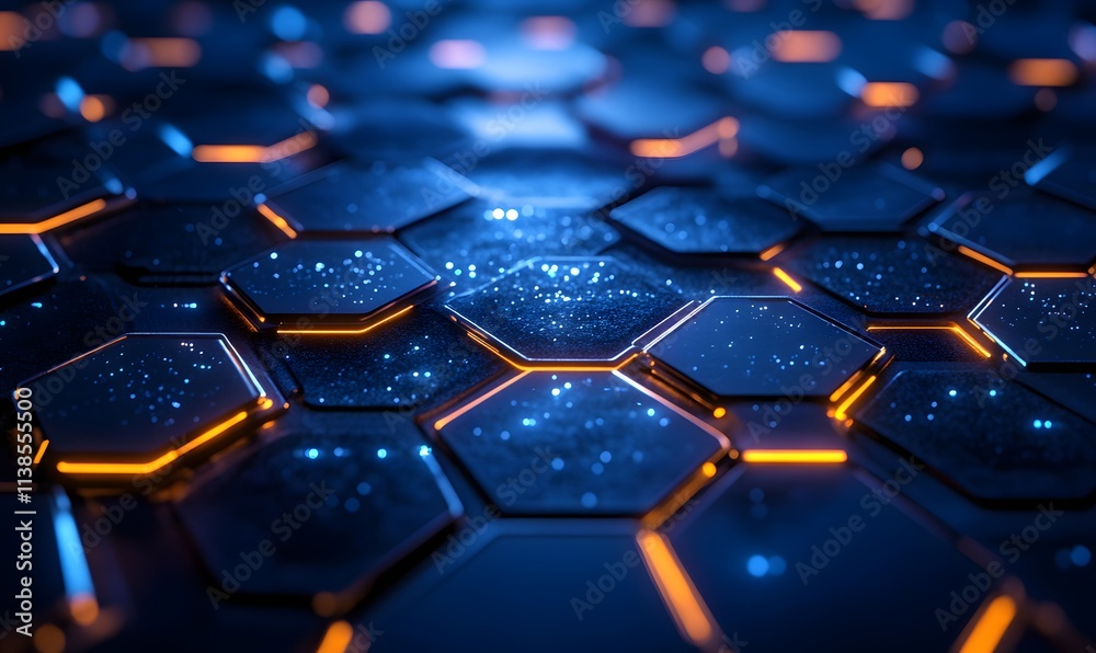 Digital Abstract Background with Illuminated Hexagonal Patterns and Deep Blue Tones Digital Abstract Background with Illuminated Hexagonal Patterns and Deep Blue Tones