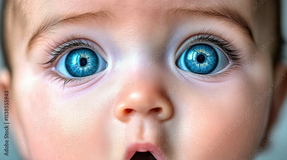 Naklejka premium Close-up of a baby showcasing vibrant blue eyes and a surprised expression. The softness of the skin and sharp eye details highlight innocence and curiosity
