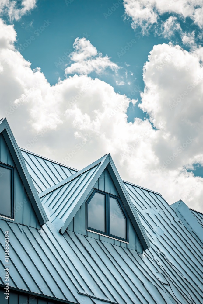 Bright blue sky with clouds above a stylish rooftop with gable windows Bright blue sky with clouds above a stylish rooftop with gable windows