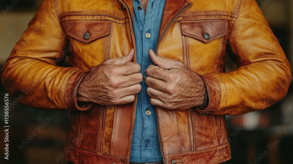 Fototapeta premium A man is fastening his brown leather jacket over a denim shirt, showing a relaxed style in a rustic indoor environment filled with warm tones