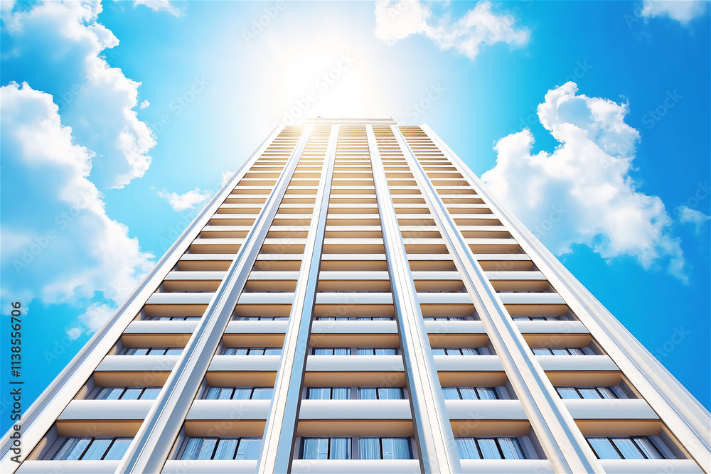 Low-angle view of a modern skyscraper reaching towards a bright blue sky with clouds, symbolizing progress and urban development. Low-angle view of a modern skyscraper reaching towards a bright blue sky with clouds, symbolizing progress and urban development.
