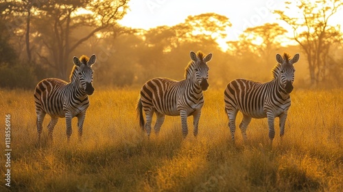 Three zebras standing in a golden grassland at sunset, showcasing wildlife beauty.