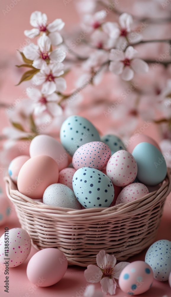 Colorful basket filled with pastel Easter eggs surrounded by cherry blossoms in spring Colorful basket filled with pastel Easter eggs surrounded by cherry blossoms in spring