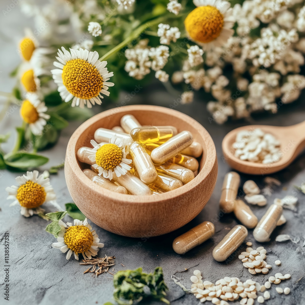 Explore the natural healing powers of ashwagandha, valerian root, and chamomile in a serene herbal arrangement surrounded by lush flora