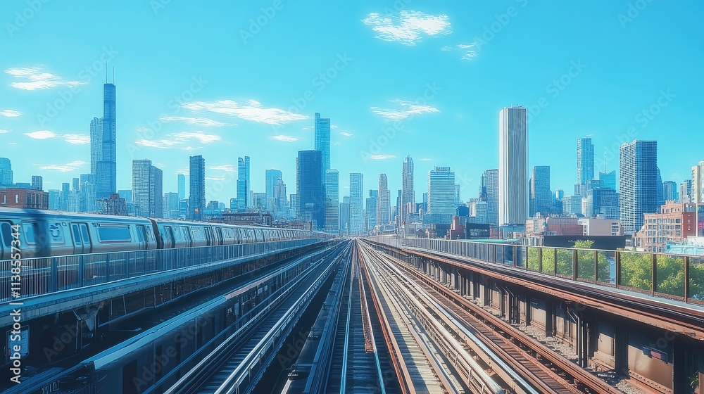 Fototapeta premium A high-speed train on elevated tracks, with a vibrant city skyline stretching across the horizon under a clear blue sky